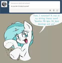 Size: 1319x1329 | Tagged: safe, artist:dreadcoffins, derpibooru import, oc, oc:teal swirl, unofficial characters only, pony, unicorn, ask teal swirl, pun, rule 34, solo, tumblr