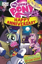 Size: 1024x1554 | Tagged: safe, artist:andypriceart, derpibooru import, idw, applejack, princess cadance, princess luna, queen chrysalis, shining armor, alicorn, pony, unicorn, andy you magnificent bastard, chair, comic, cover, female, male, mare, meta, moon, shining armor is a goddamn moron, sitting, stallion, table