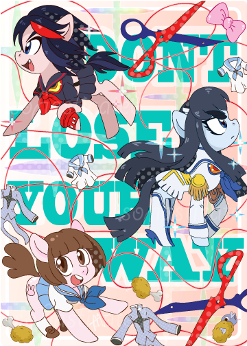 Size: 360x504 | Tagged: artist:spikysofia, derpibooru import, junketsu, kill la kill, mako mankanshoku, ponified, ryuko matoi, safe, satsuki kiryuin, scissor blade, senketsu