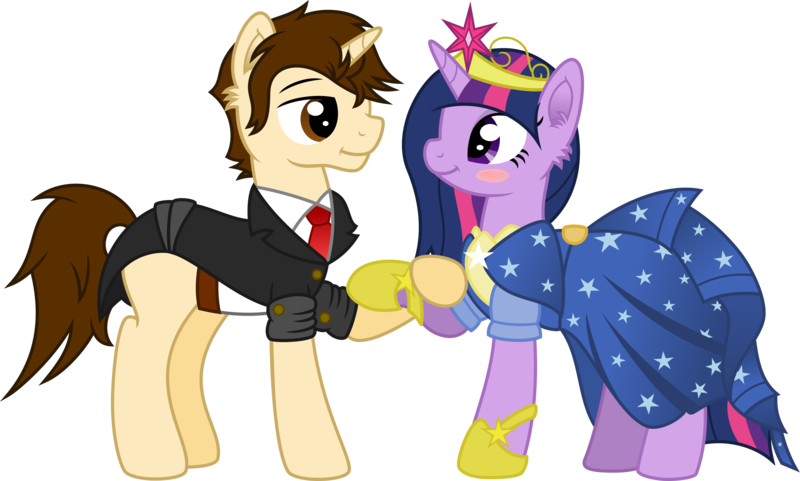 Size: 12478x7500 | Tagged: absurd resolution, artist:mactavish1996, artist:moonlight-ki, blushing, clothes, crossover, crossover shipping, derpibooru import, dress, eye contact, female, fluffy, gala dress, holding hooves, male, marvel, marvel comics, necktie, peter parker, ponified, safe, shipping, simple background, smiling, spider-man, spiders and magic: rise of spider-mane, spidertwi, straight, suit, transparent background, twilight sparkle, vector