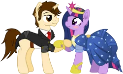 Size: 12478x7500 | Tagged: absurd resolution, artist:mactavish1996, artist:moonlight-ki, blushing, clothes, crossover, crossover shipping, derpibooru import, dress, eye contact, female, fluffy, gala dress, holding hooves, male, marvel, marvel comics, necktie, peter parker, ponified, safe, shipping, simple background, smiling, spider-man, spiders and magic: rise of spider-mane, spidertwi, straight, suit, transparent background, twilight sparkle, vector