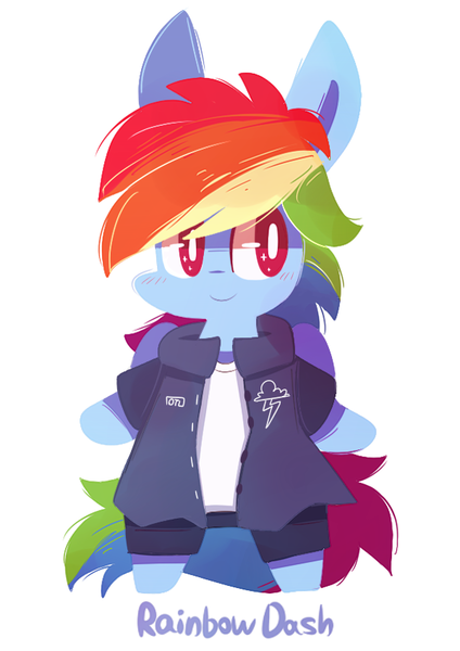 Size: 600x850 | Tagged: safe, artist:lifeloser, derpibooru import, rainbow dash, pegasus, pony, bipedal, chibi, clothes, cute, female, impossibly large ears, jacket, mare, simple background, solo, white background