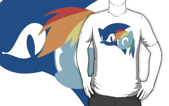 Size: 556x350 | Tagged: artist:fuzon-s, artist:wafflzxpqx, art theft, clothes, crossover, dead source, derpibooru import, merchandise, rainbow dash, redbubble, safe, shirt, sonic team, sonic the hedgehog, sonic the hedgehog (series)