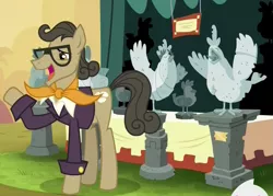 Size: 845x606 | Tagged: safe, derpibooru import, screencap, chicken stand pony, match game, earth pony, pony, trade ya, antique chicken, clothes, cropped, male, neckerchief, raised hoof, shirt, solo, stallion