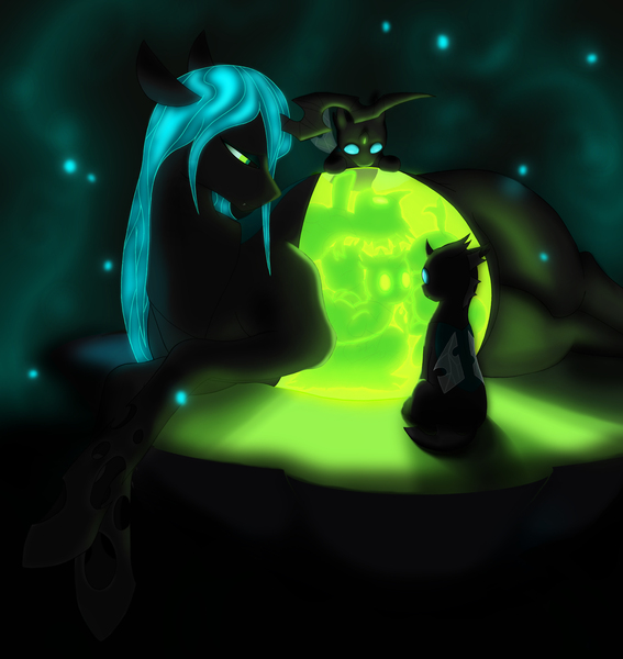 Size: 5228x5535 | Tagged: absurd resolution, adoracreepy, artist:0particle, belly, changeling, changeling queen, creepy, cute, cutealis, cuteling, derpibooru import, female, fetus, glow, glowing belly, looking back, mommy chrissy, nymph, pregnant, quadrupedal, queen chrysalis, queen pregalis, safe, side, sitting, smiling, translucent belly, transparent belly, transparent flesh, weapons-grade cute