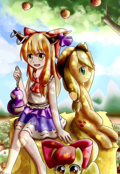 Size: 2430x3507 | Tagged: apple bloom, applejack, artist:dyoung, crossover, derpibooru import, ibuki suika, safe, sunshine, touhou