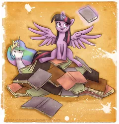 Size: 865x900 | Tagged: safe, artist:theunununium, derpibooru import, princess celestia, twilight sparkle, twilight sparkle (alicorn), alicorn, pony, trade ya, awesome face, book, female, hoard, magic, mare, pile, sitting, smiling, spread wings, telekinesis, that pony sure does love books, twiface, underhoof