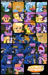 Size: 5293x8245 | Tagged: safe, artist:ajmstudios, derpibooru import, applejack, princess luna, rarity, roseluck, scootaloo, spitfire, trixie, twilight sparkle, oc, oc:officer cuffs, oc:sergeant brass, oc:star dusk, alicorn, earth pony, pegasus, pony, unicorn, absurd resolution, cold, comic, comic series, cute, female, flu, humor, male, mare, muffin, officer cuffs, peach cobbler, ponyville police, scootaloo's scootaquest, sergeant brass, sick, sneezing, stallion