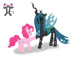 Size: 2417x1974 | Tagged: artist:tofer18, derpibooru import, eyes closed, hoofshake, pinkie pie, queen chrysalis, safe, smiling