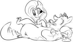 Size: 1021x591 | Tagged: artist:dotkwa, bellyrubs, derpibooru import, dog, fluttershy, grayscale, monochrome, multiple heads, orthros, playing, safe, trade ya, two heads