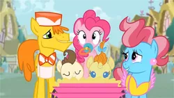 Size: 720x405 | Tagged: adult foal, cake, carriage, carrot cake, cup cake, derpibooru import, food, pacifier, pinkie pie, pinkie pride, pound cake, pumpkin cake, safe, screencap