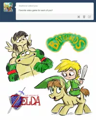 Size: 1280x1615 | Tagged: artist:sibsy, battletoads, derpibooru import, female, hat, human, link, male, mandofire, oc, oc:mandopony, riding, safe, shipping, sketch, straight, sword, the legend of zelda, tumblr, video game, wild fire