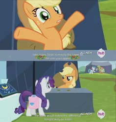 Size: 1440x1521 | Tagged: safe, derpibooru import, screencap, apple brown betty, applejack, lightning bolt, rarity, white lightning, pegasus, pony, trade ya, awesome, best image ever, brooch, female, hub logo, mare, meme, youtube caption