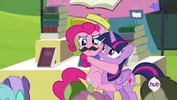 Size: 1920x1080 | Tagged: safe, derpibooru import, screencap, lyra heartstrings, pinkie pie, twilight sparkle, twilight sparkle (alicorn), alicorn, pony, trade ya, bowtie, fake moustache, female, hat, hub logo, mare