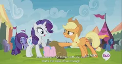 Size: 1441x762 | Tagged: applejack, carrot top, derpibooru import, dog, golden harvest, hub logo, meme, multiple heads, orthros, rainbow dash, rarity, safe, screencap, seafoam, sea swirl, trade ya, two heads, youtube caption