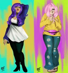 Size: 2186x2333 | Tagged: artist:redblacktac, clothes, derpibooru import, fluttershy, human, humanized, rarity, safe, sandals, sweater, sweatershy