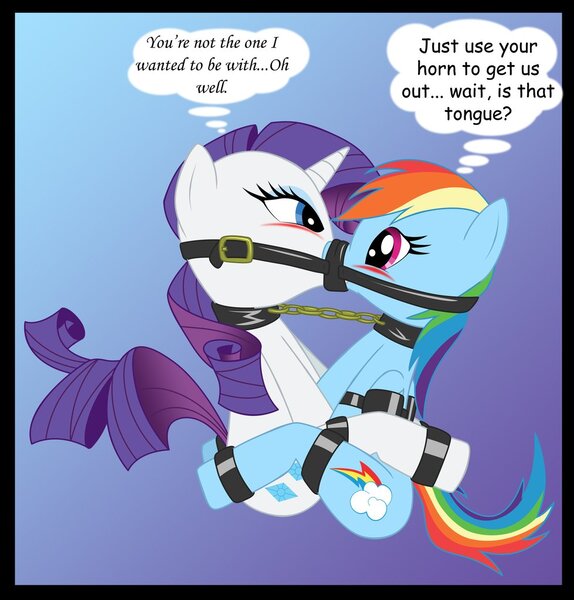 Size: 979x1024 | Tagged: artist:kaozkaoz, blushing, bondage, bound together, bound wings, chains, collar, derpibooru import, dialogue, female, gag, incorrect leg anatomy, kissing, lesbian, linked collars, lip locker, questionable, rainbow dash, raridash, rarity, ring gag, shared gag, shipping, sloppy kissing, straps