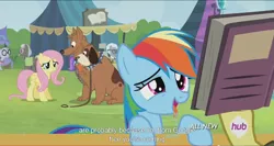 Size: 1440x764 | Tagged: safe, derpibooru import, edit, edited screencap, screencap, covalent bond, fluttershy, mr. waddle, orthros, rainbow dash, teddie safari, dog, pegasus, pony, trade ya, ahegao, all new, caption, drool, female, full set, google, hub logo, mare, meme, multiple heads, open mouth, text, two heads, youtube caption