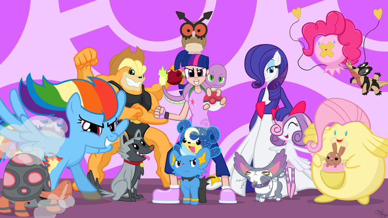 Size: 1920x1080 | Tagged: safe, artist:navitaserussirus, derpibooru import, angel bunny, applejack, fluttershy, gummy, opalescence, owlowiscious, pinkie pie, rainbow dash, rarity, spike, tank, trixie, twilight sparkle, winona, buneary, cat, chansey, charmander, crocodile, drifloon, gardevoir, hoothoot, human, kirlia, machamp, owl, pegasus, pony, ponyta, purugly, rabbit, rapidash, sandile, shinx, teddiursa, torkoal, tortoise, abstract background, alternate hairstyle, collar, dog collar, female, fire, green fire, humanized, mane seven, mane six, mare, pokefied, pokéball, pokémon, poochyena, purple background, simple background, steam, ursa minimus