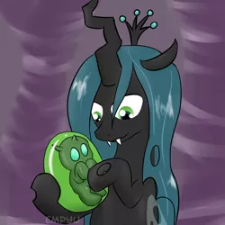 Size: 1000x1000 | Tagged: 30 minute art challenge, artist:empyu, changeling, cocoon, cuteling, derpibooru import, egg, mommy chrissy, newborn, nymph, queen chrysalis, safe