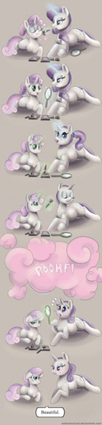 Size: 1096x4553 | Tagged: artist:solarsourced, beautiful, brush, comic, cute, derpibooru import, makeover, makeup, ponytail, rarity, safe, sweetie belle