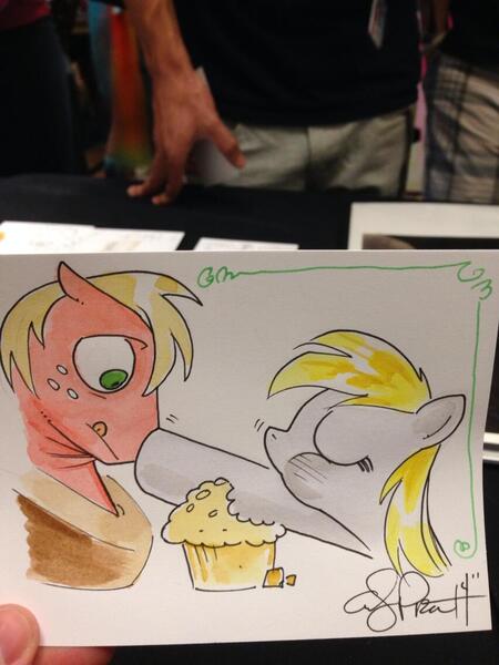 Size: 852x1136 | Tagged: safe, artist:andypriceart, derpibooru import, big macintosh, derpy hooves, earth pony, pony, boop, denied, male, muffin, stallion, traditional art