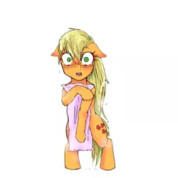 Size: 900x900 | Tagged: safe, artist:kuromozuku, derpibooru import, applejack, pony, bipedal, blushing, embarrassed, loose hair, pixiv, simple background, solo, towel, wet mane