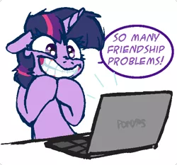 Size: 575x535 | Tagged: safe, artist:artflicker, derpibooru import, twilight sparkle, pony, unicorn, computer, crazy face, dialogue, faic, female, floppy ears, grin, laptop computer, mare, reaction image, solo, speech bubble, twilight snapple, unicorn twilight