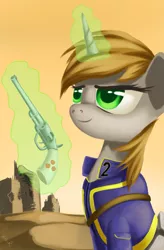 Size: 1311x2000 | Tagged: safe, artist:1nakir1, derpibooru import, oc, oc:littlepip, unofficial characters only, pony, unicorn, fallout equestria, fanfic, clothes, fanfic art, female, glowing horn, gun, handgun, horn, levitation, little macintosh, magic, mare, optical sight, pistol, revolver, smiling, solo, telekinesis, vault suit, wasteland, weapon