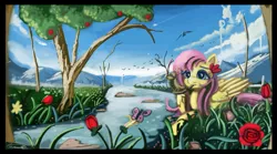 Size: 1199x666 | Tagged: artist:auroriia, bird, derpibooru import, feather, flower, fluttershy, mountain, safe, scenery, solo, water, whistle