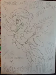 Size: 768x1024 | Tagged: safe, artist:andypriceart, derpibooru import, derpy hooves, pegasus, pony, female, flexing, lineart, mare, mistress muffin, power ponies oc, solo, superhero, traditional art