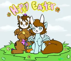 Size: 542x468 | Tagged: artist:bunnycat, couple, derpibooru import, easter, easter basket, easter bunny, easter egg, holiday, oc, oc:bear, oc:bunny, oc x oc, safe, unofficial characters only