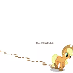 Size: 720x720 | Tagged: artist needed, safe, derpibooru import, applejack, pony, album cover, dirty, grin, hoofprints, mud, muddy, silly, silly pony, smiling, solo, the beatles, the white album, walking
