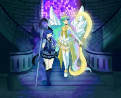 Size: 900x727 | Tagged: artist:dawnrie, derpibooru import, human, humanized, princess celestia, princess luna, safe, sailor scout