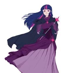 Size: 1050x1260 | Tagged: artist:madratbird, cape, cloak, clothes, corset, derpibooru import, dress, fantasy class, human, humanized, safe, solo, twilight sparkle, wand, windswept mane