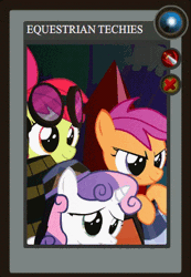 Size: 295x426 | Tagged: animated, apple bloom, artist:yudhaikeledai, crossover, cutie mark crusaders, derpibooru import, dota 2, part of a series, part of a set, ponified dota 2 cards, safe, scootaloo, sweetie belle, techies