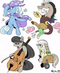 Size: 1000x1225 | Tagged: safe, artist:nekubi, derpibooru import, discord, jinx, octavia melody, trixie, draconequus, earth pony, pony, unicorn, leap of faith, amputee, bipedal, cello, katawa jinx, musical instrument