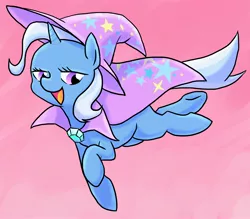 Size: 2268x1984 | Tagged: safe, artist:tebasaki, derpibooru import, trixie, pony, unicorn, cute, diatrixes, female, lidded eyes, mare, open mouth, pink background, pixiv, simple background, solo