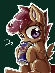 Size: 1200x1600 | Tagged: safe, artist:anchor, derpibooru import, scootaloo, energy drink, pixiv, red bull, simple background, solo