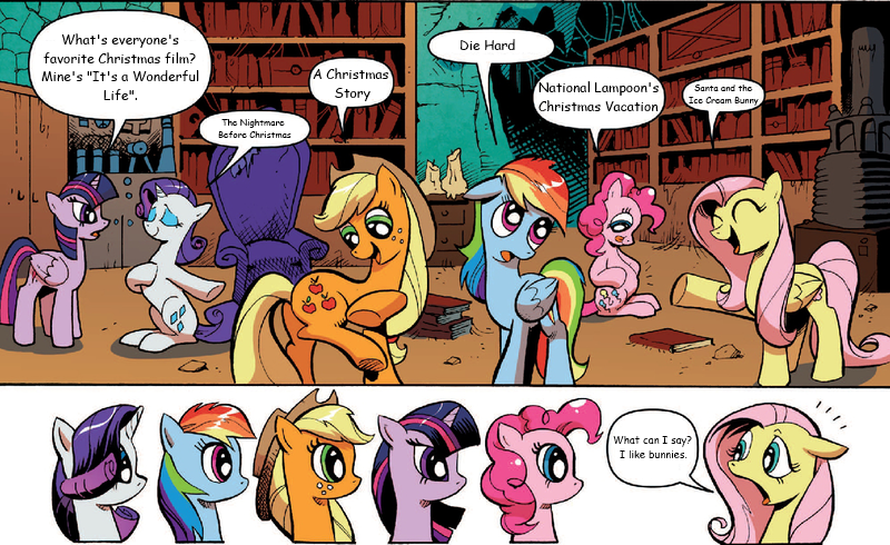 Size: 800x490 | Tagged: safe, derpibooru import, applejack, fluttershy, pinkie pie, rainbow dash, rarity, twilight sparkle, twilight sparkle (alicorn), alicorn, pony, a christmas story, comic, comic sans, die hard, exploitable meme, female, it's a wonderful life, mane 6 interests, mare, meme, national lampoon's christmas vacation, santa claus and the ice cream bunny, the nightmare before christmas