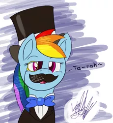 Size: 1884x2052 | Tagged: artist:fuzon-s, bowtie, classy, clothes, dapper, derpibooru import, hat, monocle, mousdash, moustache, portrait, rainbow dash, safe, solo, suit, top hat