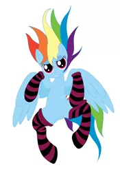 Size: 1750x2500 | Tagged: artist:xormak, bedroom eyes, bedroom hair, clothes, derpibooru import, female, hooves, lashes, lying, on back, open hair, rainbow dash, sock, socks, solo, solo female, stockings, striped socks, stripes, suggestive, sultry pose, wings