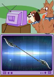 Size: 563x800 | Tagged: derpibooru import, dog, exploitable meme, meme, multiple heads, obligatory pony, orthros, polearm, pun, safe, tv meme, two heads, visual pun, warframe, weapon