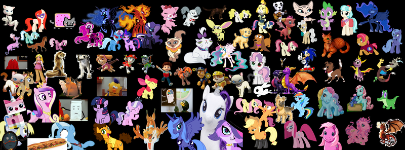 Size: 10648x3936 | Tagged: safe, derpibooru import, apple bloom, applejack, bon bon, cheerilee, cheese sandwich, coco pommel, derpy hooves, diamond tiara, doctor whooves, fluttershy, nightmare moon, opalescence, pinkie pie, princess cadance, princess celestia, princess luna, rainbow dash, rarity, scootaloo, spike, sweetie belle, sweetie drops, time turner, trixie, twilight sparkle, twist, pegasus, pony, 1000 hours in ms paint, bubsy, crossover, cutie mark crusaders, don't hug me i'm scared, eva, female, kate, mane seven, mane six, mare, ms paint, pinkamena diane pie, princess ava, s1 luna, sasha, sonic the hedgehog, sonic the hedgehog (series), talking angela, william