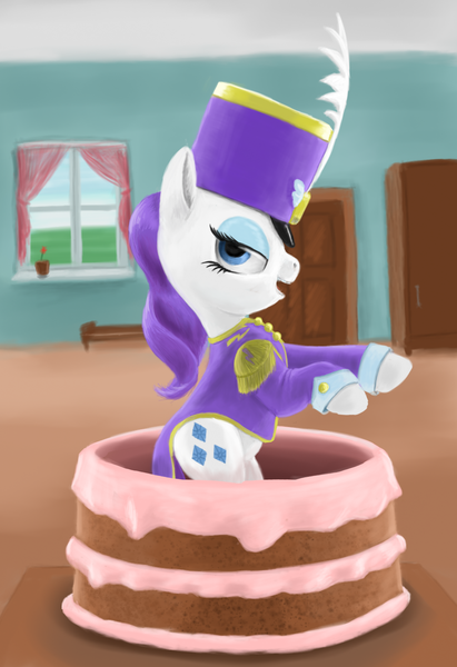 Size: 1053x1539 | Tagged: safe, artist:lemurkatta, derpibooru import, rarity, pony, unicorn, ancient wonderbolts uniform, cake, clothes, female, hat, mare, pop out cake, sgt. rarity, shako, solo, uniform