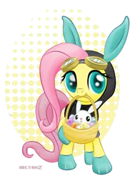 Size: 600x765 | Tagged: safe, artist:metax-z, derpibooru import, angel bunny, fluttershy, pegasus, pony, basket, bunny ears, clothes, cute, dangerous mission outfit, easter, easter basket, easter egg, egg, female, holiday, looking at you, mare, smiling