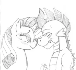 Size: 700x644 | Tagged: safe, artist:pia-sama, derpibooru import, rarity, spike, bedroom eyes, blushing, boop, eyes closed, fangs, female, male, monochrome, noseboop, older, shipping, smiling, sparity, straight