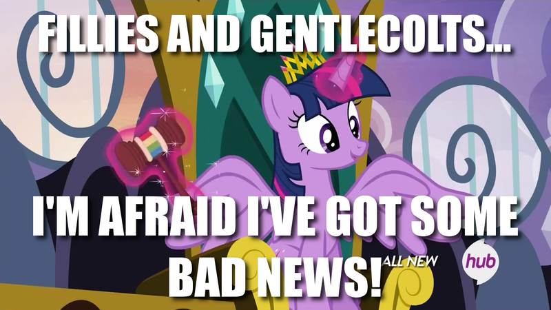 Size: 1280x720 | Tagged: safe, derpibooru import, screencap, twilight sparkle, twilight sparkle (alicorn), alicorn, pony, trade ya, bad news barrett, crown, female, gavel, hub logo, image macro, judge twilight, mare, meme, new crown, solo, wwe