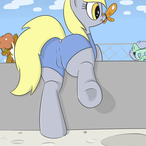 Size: 1024x1024 | Tagged: questionable, artist:ropeface, derpibooru import, derpy hooves, butterfly, pegasus, pony, anus cameltoe, behind, boop, cameltoe, clothes, cloud, colored, dock, female, lidded eyes, mare, nose wrinkle, nudity, one-piece swimsuit, plot, ponut, scrunchy face, swimming pool, swimsuit, underhoof