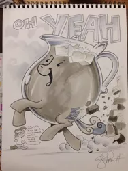 Size: 768x1024 | Tagged: andy you magnificent bastard, artist:andypriceart, crossover, derpibooru import, irl, kool-aid, kool-aid man, observer, photo, pinkie pie, ponified, safe, thought bubble, traditional art, wall breaking, wat